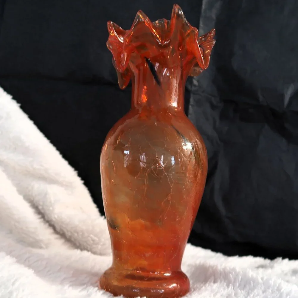 Vintage Hand Blown Orange Crackle Glass Ruffled Vase 9In Eye Catcher Home Decor